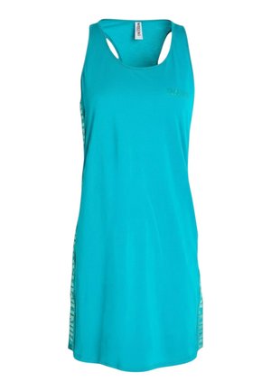 Vestito sportivo turchese senza maniche con design racerback e dettagli testuali laterali sottili.