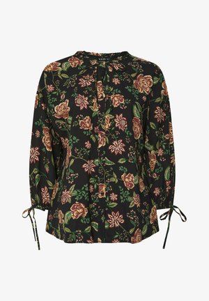Floral blouse in black fabric with green and burgundy flower patterns, featuring a tied neckline, button front, and elasticized cuffs.
