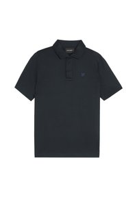 Sort bomulds polo-shirt med tre-knaps placket, kortærmede, og et subtilt logo på brystet. Glat tekstur og klassisk pasform.