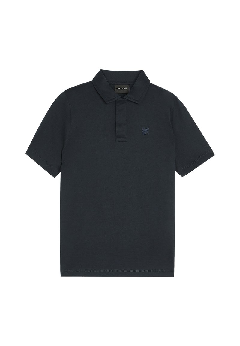 Sort bomulds polo-shirt med tre-knaps placket, kortærmede, og et subtilt logo på brystet. Glat tekstur og klassisk pasform.