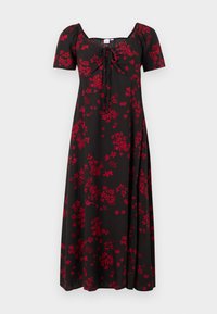 Robe midi noire avec manches courtes bouffantes, imprimé floral rouge, buste froncé avec détail noué et encolure carrée.