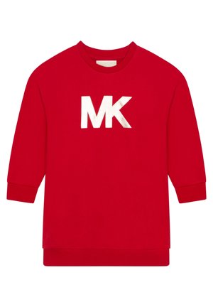 Czerwona bluza z długimi rękawami, okrągłym dekoltem i dużym srebrnym logo "MK" na przodzie. Wykonana z bawełny, o gładkiej teksturze.