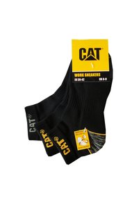 Zwarte werksokken met verstevigde hiel en neus, voorzien van een gele CAT-logo en extra ondersteunende branding. Geschikt voor EU 39-42, UK 6-9.