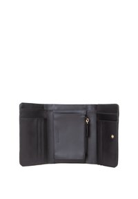 Portafoglio in pelle nera con più scomparti per carte, tasca con zip per monete e un compartimento piatto. Presenta accessori in tono oro e logo impresso.