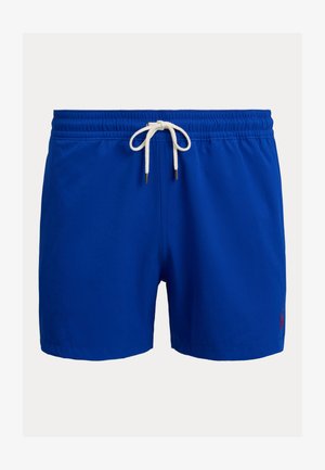 Blue swim shorts with elastic waistband and white drawstring tie, featuring small red logo on left leg.
