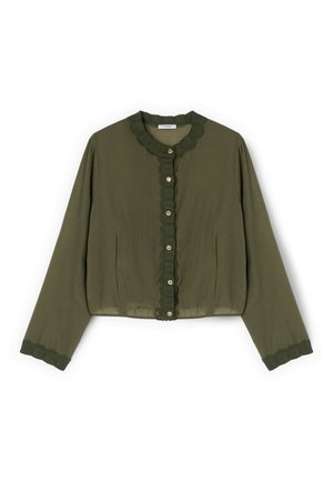 Olivgrüne Langarmbluse aus strukturiertem Stoff, mit gewelltem Besatz am Kragen, an der Knopfleiste und an den Manschetten sowie goldfarbenen Knöpfen vorne.