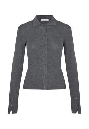 Cardigan tricotat gri cu guler, mâneci lungi și închidere cu nasturi. Prezintă o formă ajustată și o textură cu țesătură în dungi.