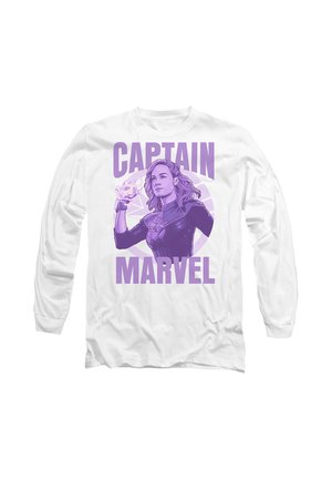 White long-sleeve shirt with purple illustration of Captain Marvel in superhero pose and text "CAPTAIN MARVEL" above and below the figure.