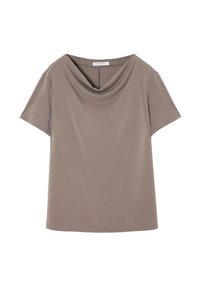 Cowl neck, kortærmet top i blødt taupe stof. Glat tekstur med en afslappet pasform, der har en lige nederste kant og ingen synlige lukninger.