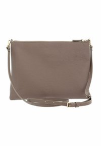 Leather crossbody bag in muted taupe with a textured finish. Features a zip closure and an adjustable strap. Simple, rectangular shape.