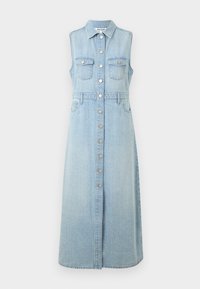 Denim ermeløs kjole, lys blå, med knapplukking foran, to brystlommer, innsnevret midje og lang, rett snittskjørt.