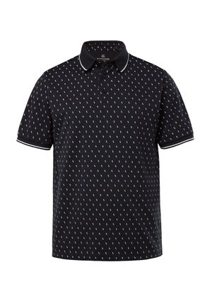 Musta poolingpaita toistuvalla geometrisellä kuviolla, lyhyet hihat ja kaksinappinen kaulus. Kauluksessa ja hihoissa valkoinen reunus.