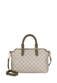 Bolso beige con estampado y detalles en verde oliva, herrajes dorados, doble asa y una correa de hombro desmontable. Acabado en tela texturizada.