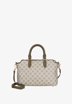 Beige handtas met patroon, olijfgroene accenten, gouden hardware, dubbele handvatten en een afneembare schouderriem. Textuur van de stof.