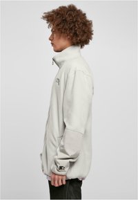 Vaaleanharmaa vetoketjullinen fleece-takki, jossa on korkea kaulus, sivutaskut ja erottuvat vaaleanharmaat hihat. Takissa on logo vasemmassa hihassa.