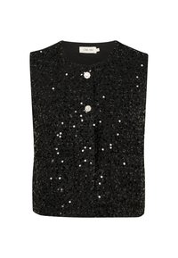 Gilet senza maniche nero decorato con paillettes, presenta una scollatura rotonda e due bottoni decorativi nella parte anteriore. Tessuto liscio.