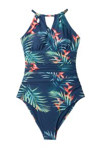 Costume da bagno intero blu navy con vivace stampa di foglie tropicali, spalline regolabili e dettaglio vita arricciato per una forma più snella. Tessuto morbido ed elasticizzato.