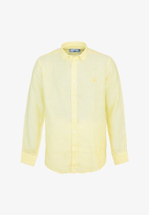 Light yellow linen shirt with long sleeves, button-down collar, and white buttons. Features a small logo on the chest.