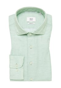 Lysegrøn linning skjorte med moderne pasform, der har spredt krave, langærmede ærmer og knaplukninger ned foran samt ved manchetterne.