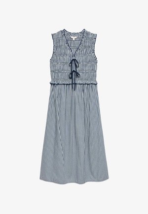 Vestido sin mangas de cuadros vichy azul marino y blanco con corpiño fruncido, volante en la cintura, escote en V y dos lazos de cinta azul marino en la parte delantera.