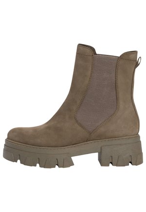 Brown suede ankle boot with elastic side panels, a chunky textured sole, and a loop at the heel for easy wear. Featuring a sleek, minimalist design.