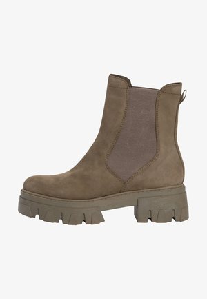 Braune Wildleder-Ankle Boots mit elastischen Seitenpaneelen, einer klobigen, strukturierten Sohle und einer Schlaufe am Absatz für ein einfaches Anziehen. Mit einem schlanken, minimalistischen Design.