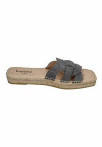 Gray suede slide sandal with a braided strap design, jute-wrapped sole, and a smooth leather insole. Minimalist construction, open-toe style.