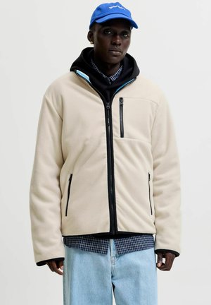 Personne portant une veste polaire beige zippée sur un sweat à capuche noir et une chemise à carreaux bleue, un jean bleu clair et une casquette de baseball bleue.