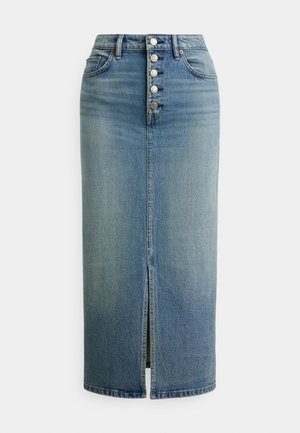 Denimhameessa on korkea vyötärö, edessä viisi metallista nappia suljettavana sekä halkio edessä, ja keskiharmaansininen pesu.