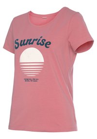 Camiseta de algodón rosa con mangas cortas, escote redondo, que presenta el texto "Amanecer" y un gráfico de un sol naciente con líneas abajo.