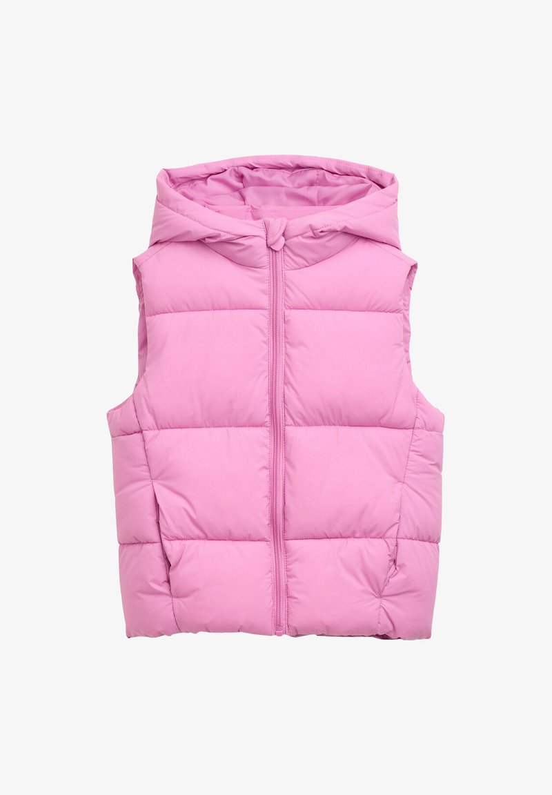 Lyserød ærmeløs polstret vest med frontlynlås og fasthæftet hætte, designet til varme og afslappet brug.