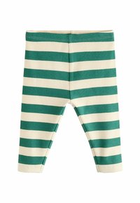 Leggings rayés vert et crème en tissu côtelé, avec de larges rayures horizontales et une taille élastique.