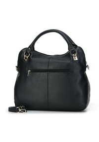 Black leather handbag with a textured surface, rounded top, dual handles, and a detachable shoulder strap. Features a front zip pocket.