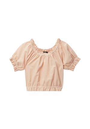 Crop top à manches courtes bouffantes rayé pêche et blanc avec encolure, manches et ourlet élastiques sur fond blanc.