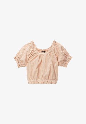 Crop top à manches courtes bouffantes rayé pêche et blanc avec encolure, manches et ourlet élastiques sur fond blanc.