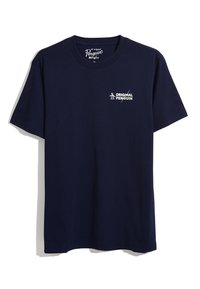 Navy cotton t-shirt with short sleeves and crew neck, featuring a white logo and text "ORIGINAL PENGUIN" on the chest.