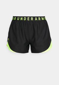 Svarta idrottsshorts med ett starkt gul-grönt midjeband, med en kontrasterande sidodetalj i samma färg och en slät textur.