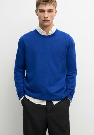 Ung mand iført en lys blå sweater over en hvid ternet skjorte med sorte bukser, stående mod en ensfarvet hvid baggrund.