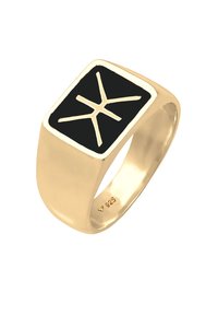 Anello sigillo in oro con una parte superiore rettangolare in smalto nero che presenta un distintivo motivo geometrico. La fascia è liscia, contrassegnata con "925" per argento sterling.