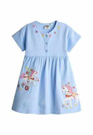 Hellblaues Kleinkindkleid mit kurzen Ärmeln, geknöpftem Vorderteil und bestickten pinkfarbenen Einhörnern mit Blumen auf Rock und Brust.