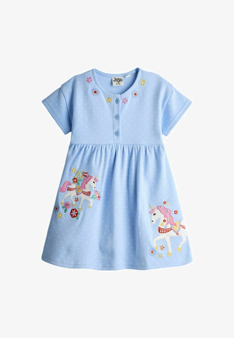 Hellblaues Kleinkindkleid mit kurzen Ärmeln, geknöpftem Vorderteil und bestickten pinkfarbenen Einhörnern mit Blumen auf Rock und Brust.