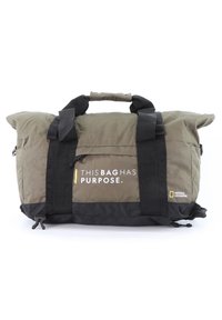 Duffle bag in olive green and black fabric, featuring black straps, a top handle, and text reading "THIS BAG HAS PURPOSE" with logo.