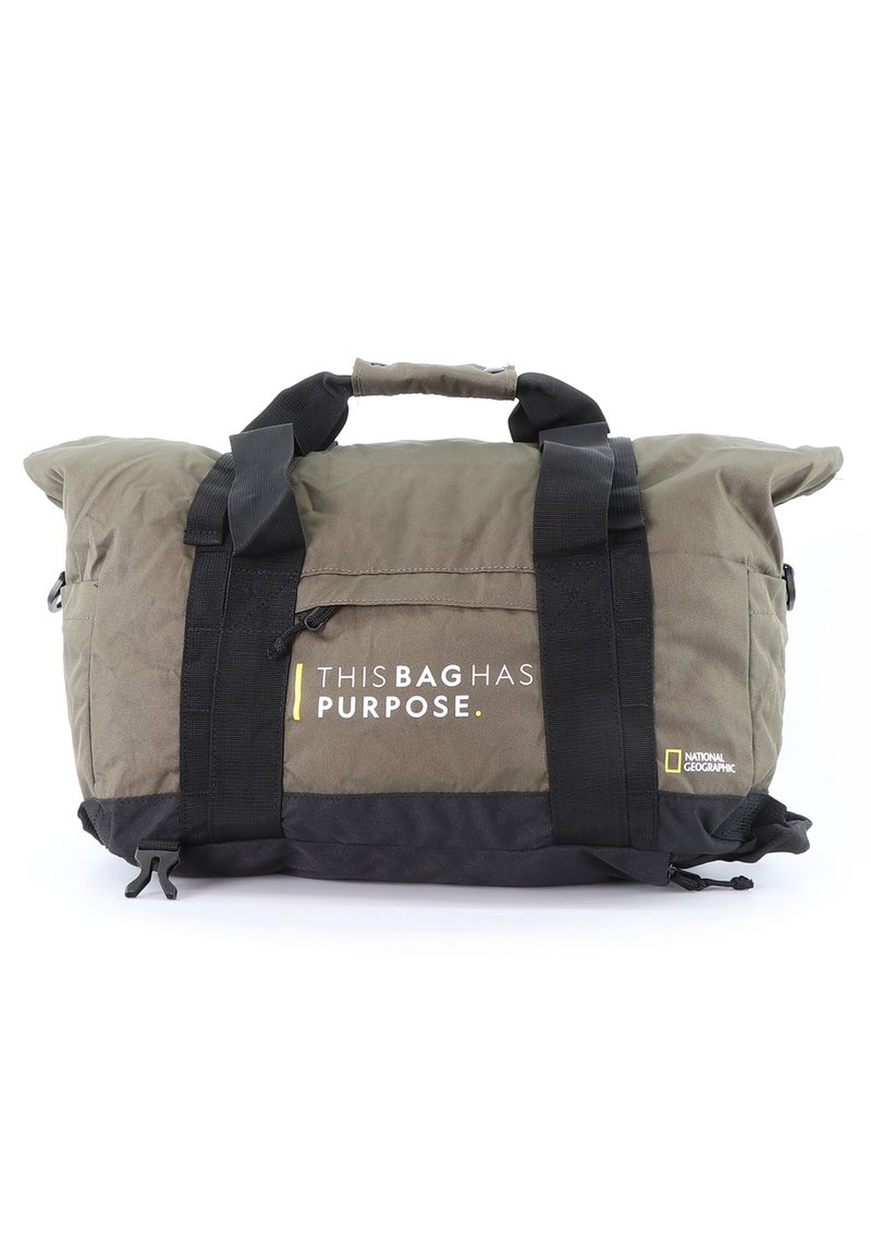 Duffle bag in olive green and black fabric, featuring black straps, a top handle, and text reading "THIS BAG HAS PURPOSE" with logo.
