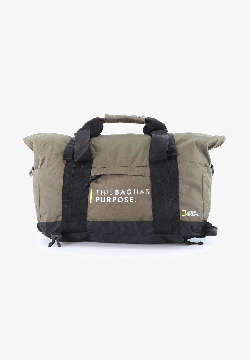 Duffle bag in olive green and black fabric, featuring black straps, a top handle, and text reading "THIS BAG HAS PURPOSE" with logo.