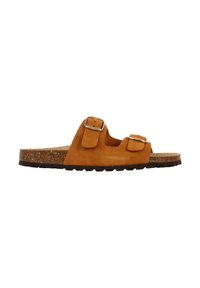 Brune ruskind slide sandal med to spænder, kork mellemsål, tekstureret sort ydersål, åben tå-design og glat finish.