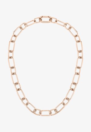 Collier chaîne en or rose avec des maillons rectangulaires reliés selon un motif régulier formant une boucle fermée.