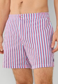 Gestreifte Badehosen in Hellblau, Pink und Weiß. Mit Knopfverschluss, elastischem Bund und einem strukturierten, leichten Stoff.