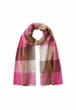 Écharpe en laine à carreaux rose, marron et beige, pliée en boucle avec des bords frangés sur fond blanc.