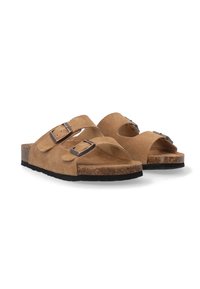 Suede brown sandals with two adjustable straps and metal buckles, featuring a cork footbed and a textured black rubber sole.