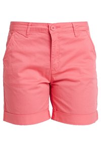 Bawełniane szorty w jasnym koralowym kolorze, z zapięciem na guzik, paskami i podwiniętymi nogawkami. Dwie boczne kieszenie i minimalne stębnowanie.